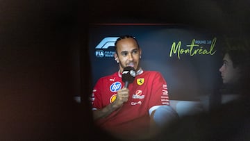 Montreal (Canada), 12/06/2025.- Scuderia Ferrari driver Lewis Hamilton (L) of Britain and Alpine reserve driver Franco Colapinto (R) of Argentina participate in a press conference on media day for the Formula 1 Grand Prix of Canada at the Circuit Gilles-Villeneuve in Montreal, Canada, 12 June 2025. The 2025 Canadian Grand Prix will take place on 15 June 2025. (Fórmula Uno, Reino Unido) EFE/EPA/SHAWN THEW
