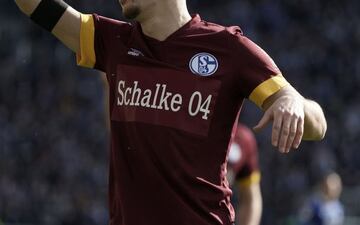 KARLSRUHE, GERMANY - FEBRUARY 26: A detailed view of a plain FC Schalke 04 shirt after the club removed the logo of its main sponsor GAZPROM from its jerseys in view of the recent events in the Ukraine during the Second Bundesliga match between Karlsruher