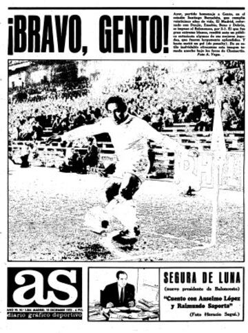 25º aniversario y homenaje a Gento. Su homenaje se celebró coincidiendo con el 25º aniversario del Bernabéu. El Real Madrid ganó 2-1 al Belenenses. 