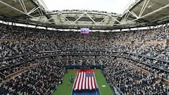 (FILES) In this file photo The US flag is brought to centre court before the start of the 2017 US Open Men's Singles final match between South Africa's Kevin Anderson and Spain's Rafael Nadal at the USTA Billie Jean King National Tennis Center in New York