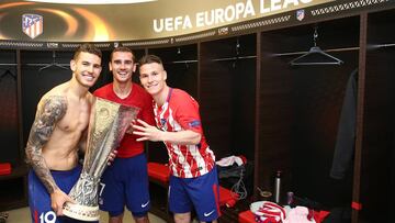 16/05/18 PARTIDO FINAL EUROPA LEAGUE 
 OLYMPIQUE DE MARSELLA - ATLETICO DE MADRID
 ALEGRIA CELEBRACION CAMPEONES 
  VESTUARIO LUCAS HERNANDEZ GRIEZMANN GAMEIRO