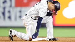 NEW YORK, NEW YORK - AUGUST 16: Isiah Kiner-Falefa #12 of the New York Yankees reacts after being tagged out at second during the fifth inning against the Tampa Bay Rays at Yankee Stadium on August 16, 2022 in the Bronx borough of New York City.   Sarah Stier/Getty Images/AFP
== FOR NEWSPAPERS, INTERNET, TELCOS & TELEVISION USE ONLY ==