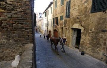 En Siena, desde mediados del siglo XVII, se celebra esta carrera de caballos a pelo con la intención de ganar el Palio, una bandera de seda que representa la Virgen con el Niño.