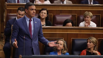 El presidente del Gobierno, Pedro Sánchez, interviene en la segunda jornada de la 26 edición del Debate sobre el Estado de la Nación, en el Congreso de los Diputados, a 13 de julio de 2022, en Madrid (España). Tras siete años sin celebrarse ninguno, la Cámara baja acoge durante los días 12, 13 y 14 de julio la vigésima sexta edición del debate sobre el estado de la Nación desde 1983 y el primero que se lleva a cabo con Pedro Sánchez como presidente del Gobierno. Esta edición del debate, también es la primera para Unidas Podemos, Vox y Ciudadanos, ya que en 2015 ninguna formación tenía representación parlamentaria para participar. Durante el debate, el Gobierno expone y hace balance de los resultados de la política que ha llevado a cabo, la oposición comparece para fijar sus posturas y se votan las propuestas de resolución formuladas por las demás formaciones. Entre los temas que se discutirán está la reforma laboral, el plan nacional de respuesta a las consecuencias económicas de la guerra en Ucrania, los últimos presupuestos generales del Estado aprobados, las políticas de recuperación tras la erupción del volcán en la isla de La Palma, los fondos europeos Next Generation, la excepción ibérica al gas, España como anfitriona en la cumbre de la OTAN y la presidencia del Consejo de la Unión Europea en el segundo semestre de 2023.
13 JULIO 2022;26 EDICION;DEBATE;NACION;ESTADO
Eduardo Parra / Europa Press
13/07/2022