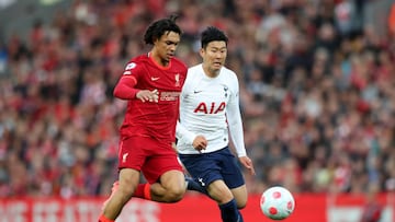 LIVERPOOL, ENGLAND - MAY 07: Trent Alexander-Arnold of Liverpool battles for possession with Heung-Min Son of Tottenham Hotspur during the Premier League match between Liverpool and Tottenham Hotspur at Anfield on May 07, 2022 in Liverpool, England. (Photo by Tottenham Hotspur FC/Tottenham Hotspur FC via Getty Images)