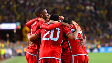   Roger Martinez celebrates his goal 2-2 of Colombia during the international friendly between Mexico (Mexican National team) and Colombia, at United Airlines Field at the Memorial Coliseum on December 16, 2023 in Los Angeles, California.