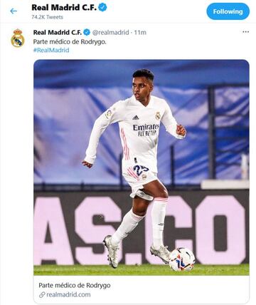 Así anunció la cuenta del Madrid que Rodrygo estaba lesionado. El club anunció que fue víctimad eun hackeo.