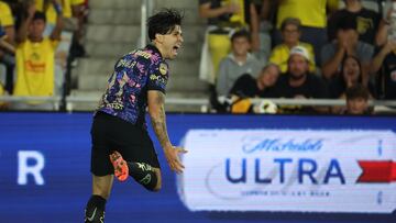 Sep 25, 2024; Columbus, Ohio, USA; Club America forward Victor Davila (11) reacts after scoring a goal against the Columbus Crew during the second half at Lower.com Field. Mandatory Credit: Trevor Ruszkowski-Imagn Images