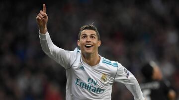 (FILES) In this file photo taken on February 14, 2018 Real Madrid's Portuguese forward Cristiano Ronaldo celebrates after scoring his second goal during the UEFA Champions League round of sixteen first leg football match Real Madrid CF against Paris