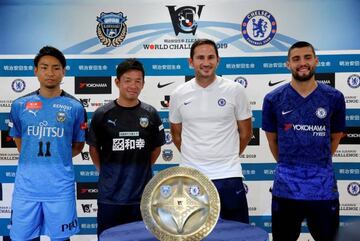 Kawasaki Frontale player Yu Kobayashi and manager Toru Oniki pictured with Chelsea manager Frank Lampard and Mateo Kovacic in Yokohama, Japan this week.