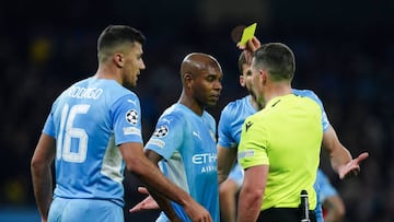 Manchester City's Fernandinho is booked during the UEFA Champions League Semi Final, First Leg, at the Etihad Stadium, Manchester. Picture date: Tuesday April 26, 2022. (Photo by Mike Egerton/PA Images via Getty Images)