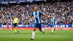 Martin Braithwaite goal celebration during the match between RCD Espanyol and RCD Malllorca, corresponding to the week 23 of the Liga Santander, played at the RCDE Stadium, in Barcelona, on 25th February 2023. (Photo by Joan Valls/Urbanandsport /NurPhoto via Getty Images)