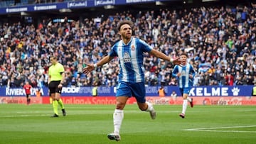 Martin Braithwaite goal celebration during the match between RCD Espanyol and RCD Malllorca, corresponding to the week 23 of the Liga Santander, played at the RCDE Stadium, in Barcelona, on 25th February 2023. (Photo by Joan Valls/Urbanandsport /NurPhoto via Getty Images)