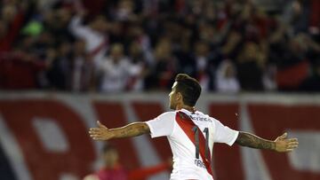 Sebastian Driussi of Argentina&#039;s River plate celebrates after scoring against Peru&#039;s Melgar during a Copa Libertadores soccer match in Buenos Aires, Argentina, Thursday, April 13, 2017.(AP Photo/Agustin Marcarian)