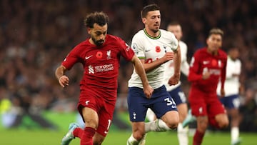 LONDON, ENGLAND - NOVEMBER 06: Mohamed Salah of Liverpool and Clement Lenglet of Tottenham Hotspur in action during the Premier League match between Tottenham Hotspur and Liverpool FC at Tottenham Hotspur Stadium on November 06, 2022 in London, England. (Photo by Chloe Knott - Danehouse/Getty Images)