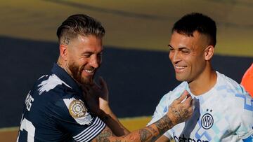 Soccer Football - FIFA Club World Cup - Group E - CF Monterrey v Inter Milan - Rose Bowl Stadium, Pasadena, California, U.S. - June 17, 2025 Monterrey's Sergio Ramos reacts with Inter Milan's Lautaro Martinez before the match REUTERS/Mike Blake