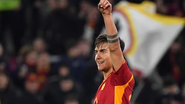 Roma's Argentine forward #21 Paulo Dybala celebrates after scoring the team third goal during the Italian Serie A football match between AS Roma and Torino on February 26, 2024 at the Olympic stadium in Rome. (Photo by Tiziana FABI / AFP)