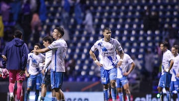 Nicolas Diaz and Juan Fedorco of Puebla during the 11th round match between Puebla and Guadalajara as part of the Liga BBVA MX, Torneo Apertura 2025 at Cuauhtemoc Stadium, on September 27, 2025 in Puebla, Mexico.