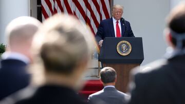 U.S. President Donald Trump listens to questions from reporters after speaking about negotiations with pharmaceutical companies over the cost of insulin for U.S. seniors on Medicare at an event in the Rose Garden at the White House during the coronavirus