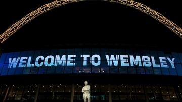 The statue of Bobby Moore stands proudly outside Wembley Stadium before the game (Photo by Nick Potts/PA Images via Getty Images)