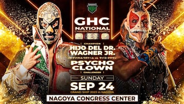 Esta es la imagen promocional de Pro Wrestling Noah de la lucha entre Psycho Clown y el Hijo de Dr. Wagner Jr.