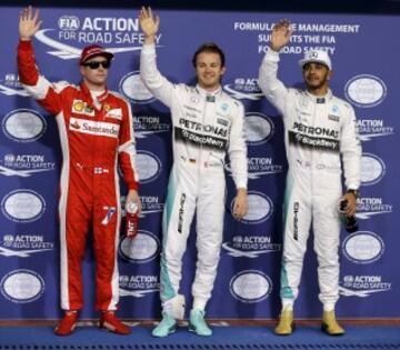 Kimi Raikkonen, Nico Rosberg y Lewis Hamilton.