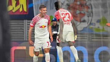 Dani Olmo celebra un gol del Leipzig.