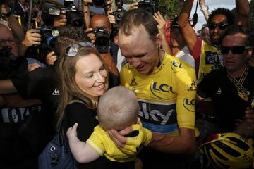 Froome was met at the finish line by his family after winning his third Tour de France title, a British record.