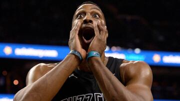 Mar 28, 2018; Charlotte, NC, USA; Charlotte Hornets forward center Dwight Howard (12) reacts to a foul call during the first half against the Cleveland Cavaliers at the Spectrum Center. Mandatory Credit: Sam Sharpe-USA TODAY Sports     TPX IMAGES OF THE DAY