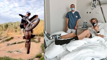 Fabio Wibmer montando en su moto de motocross justo antes de caer y fracturarse el pie y el mismo piloto de MTB en la clínica tras la operación.