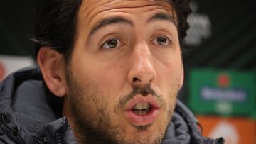 Villarreal's Spanish midfielder Dani Parejo delivers a press conference in Brussels on March 8 2023, ahead of the UEFA Europa Conference League round of 16 first leg football match against RSC Anderlecht. (Photo by VIRGINIE LEFOUR / Belga / AFP) / Belgium OUT