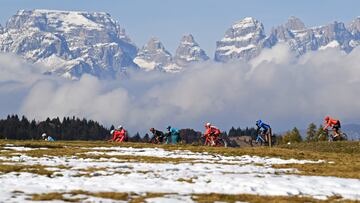MADONNA DI CAMPIGLIO, ITALY - OCTOBER 21: Stefano Oldani of Italy and Team Lotto Soudal / Rodrigo Contreras of Colombia and Astana Pro Team / Josef Cerny of Czech Republic and CCC Team / Monte Bondone (1575m)/ Dolomites / Southern Limestone Alps / Peloton / Snow / Landscape / Mountains / during the 103rd Giro d'Italia 2020, Stage 17 a 203km stage from Bassano del Grappa to Madonna di Campiglio 1514m / @girodiitalia / #Giro / on October 21, 2020 in Madonna di Campiglio, Italy. (Photo by Tim de Waele/Getty Images)