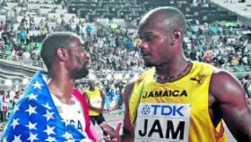 <b>ÚLTIMO MUNDIAL. </b>Gay (izq.) y Powell, tras los 100 de Osaka 2007.