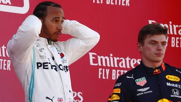 Lewis Hamilton y Max Verstappen, en el podio del GP de Espa&ntilde;a de F1 2019. 