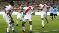 Peru&#039;s Edison Flores, center, celebrates after scoring against Uruguay during a 2018 World Cup qualifying soccer match in Lima, Peru, Tuesday, March 28, 2017.(AP Photo/Martin Mejia)
