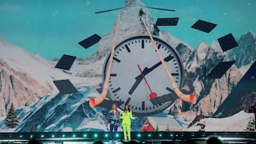 Hosts Sandra Studer and Hazel Brugger appear onstage during the dress rehearsal 2 of the first semi-final of the 2025 Eurovision Song Contest, in Basel, Switzerland, May 12, 2025. REUTERS/Denis Balibouse