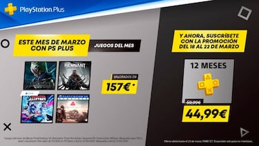 Un año de PS Plus por 44,99 euros con acceso a los juegos del mes de marzo valorados en 157, 95 euros