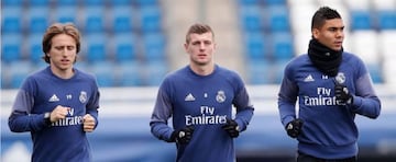 Modric, Kroos y Casemiro, en un entrenamiento.