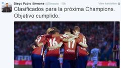 Simeone celebrates securing Champions League qualification: "Mission accomplished"