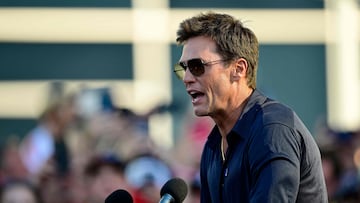 FOXBOROUGH, MASSACHUSETTS - AUGUST 08: Former NFL player Tom Brady speaks during his statue unveiling ceremony prior to the NFL Preseason 2025 game between Washington Commanders and New England Patriots at Gillette Stadium on August 08, 2025 in Foxborough, Massachusetts. Billie Weiss/Getty Images/AFP (Photo by Billie Weiss / GETTY IMAGES NORTH AMERICA / Getty Images via AFP)
