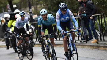 (From R) Spain&#039;s	Marc Soler, Spain&#039;s Omar Fraile and Spain&#039;s David De La Cruz ride a breakaway during the 110 km eighth and last stage of the 76th edition of the Paris-Nice cycling race, in and around Nice, on March 11, 2018.
  / AFP PHOTO 