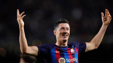 Robert Lewandowski centre-forward of Barcelona and Poland celebrates after scoring his sides first goal during the La Liga Santander match between FC Barcelona and Athletic Club at Spotify Camp Nou on October 23, 2022 in Barcelona, Spain. (Photo by Jose Breton/Pics Action/NurPhoto via Getty Images)