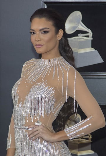 La modelo y ex miss universo puertorriqueña Zuleyka Rivera posa a su llegada al Madison Square Garden de Nueva York, para participar de la 60 edición de los Premios Grammy