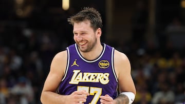 INDIANAPOLIS, INDIANA - MARCH 25: Luka Doncic #77 of the Los Angeles Lakers celebrates after a basket against the Indiana Pacers at Gainbridge Fieldhouse on March 25, 2026 in Indianapolis, Indiana. NOTE TO USER: User expressly acknowledges and agrees that, by downloading and or using this photograph, User is consenting to the terms and conditions of the Getty Images License Agreement Andy Lyons/Getty Images/AFP (Photo by ANDY LYONS / GETTY IMAGES NORTH AMERICA / Getty Images via AFP)