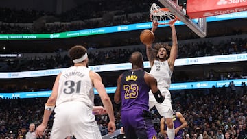 Dereck Lively II #2 of the Dallas Mavericks dunks during the fourth quarter against the Los Angeles Lakers at American Airlines Center on January 07, 2025 in Dallas, Texas.