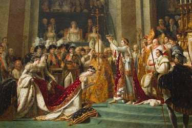 El famoso cuadro La coronación de Napoleón (Le Sacre de Napoléon) de Jacques-Louis David, una de las obras maestras más icónicas del Neoclasicismo, se exhibe en un lugar prominente del Museo del Louvre. Es una obra de arte monumental, midiendo aproximadamente 6.21 x 9.79 metros. Se encuentra en el mismo ala que La balsa de la Medusa y en el mismo nivel que La Gioconda (Mona Lisa), siendo una de las obras más importantes de la sección de Pintura Francesa.