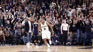 Kawhi Leonard celebra la canasta ganadora contra los Indiana Pacers.