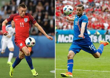 England's forward Jamie Vardy (L) and Iceland's midfielder Gylfi Sigurdsson