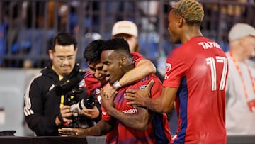 Nov 4, 2023; Frisco, Texas, USA; FC Dallas forward Jader Obrian (8) celebrates after scoring a goal during the second half of game two against Seattle Sounders in a round one match of the 2023 MLS Cup Playoffs at Toyota Stadium. Mandatory Credit: Andrew Dieb-USA TODAY Sports