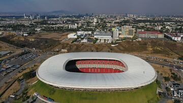 AME3791. GUADALAJARA (MÉXICO), 22/04/2023.- Fotografía aérea que muestra el Estadio Akron hoy, durante un partido entre Guadalajara y Cruz Azul por la jornada 16 del torneo clausura 2023 de la liga de fútbol mexicano, disputado en el Estadio Akron, en Guadalajara, Jalisco (México). EFE/ Francisco Guasco
